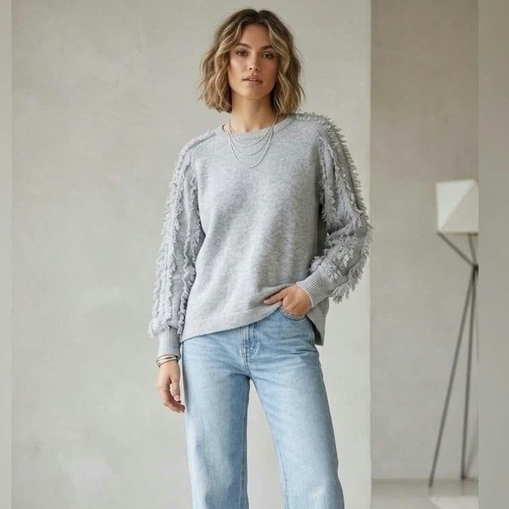 1.STATE Sweater Womens L Gray Fringed Sleeve Crewneck Knit Pullover Boho Casual